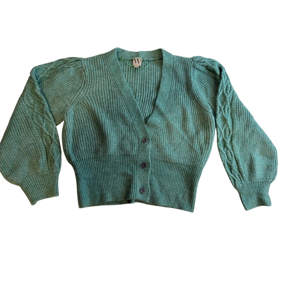 Worthington Cardigan Sweater Womens XL Green Excellent Puff Sleeve Cable Knit